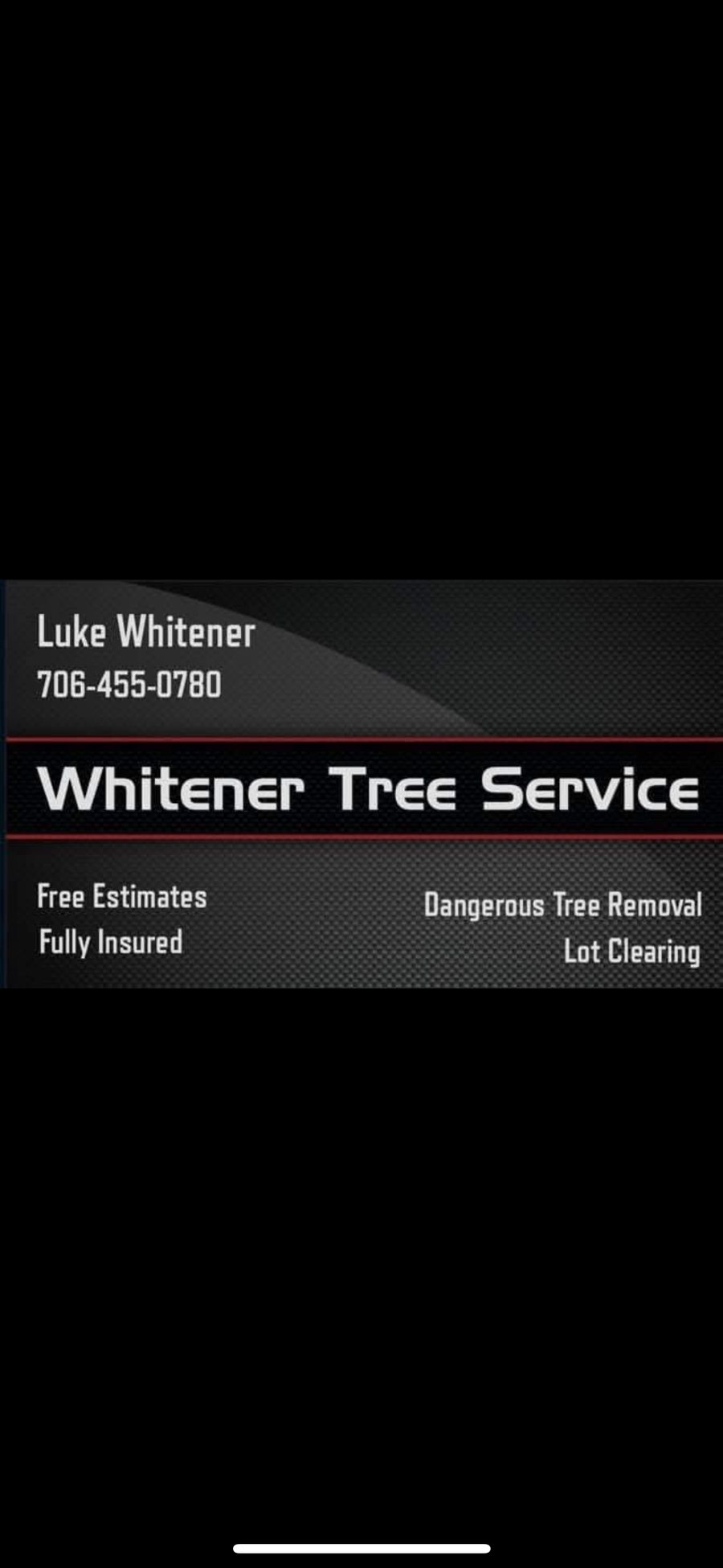Whitener Tree Service business card showing services and phone number